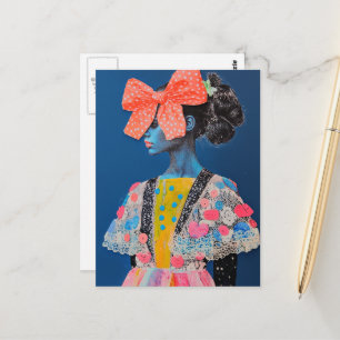 A Colorful lady with a big bow on Blue Postcard