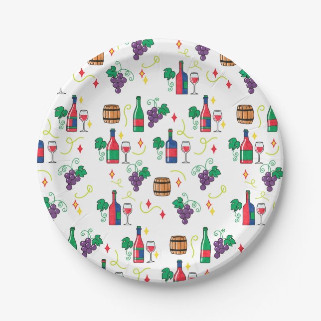 A colorful wine-themed pattern paper plate (Front)
