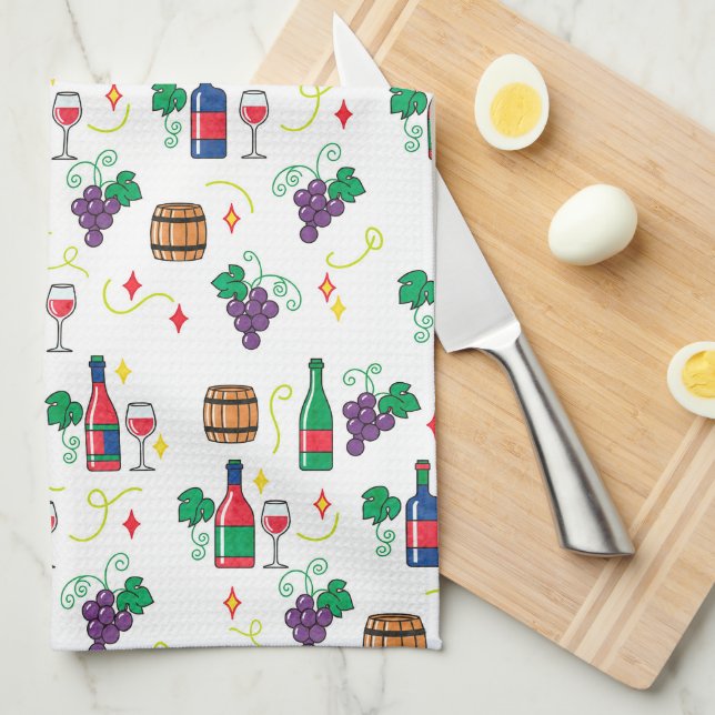 A colorful wine-themed pattern tea towel (Quarter Fold)