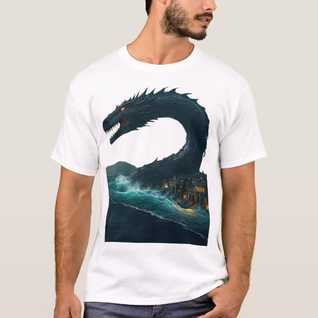 A colossal sea serpent curling around  sunken city T-Shirt (Front)