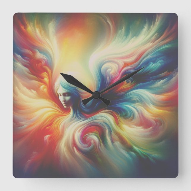 A Colourful Angel Covering the Front of a Square Wall Clock (Front)