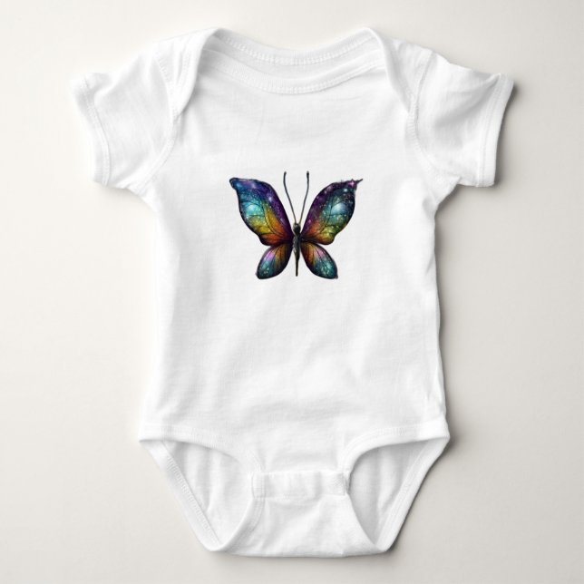 A colourful butterfly with galaxy-like wings is de baby bodysuit (Front)