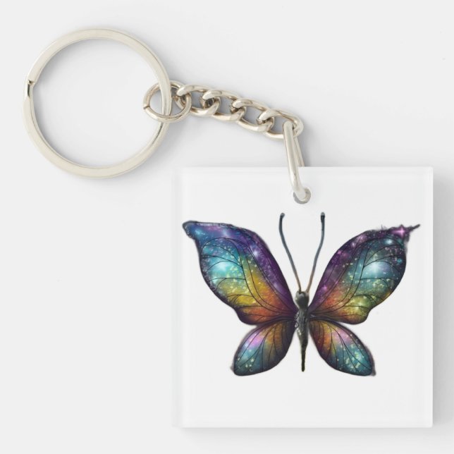 A colourful butterfly with galaxy-like wings is de key ring (Front)