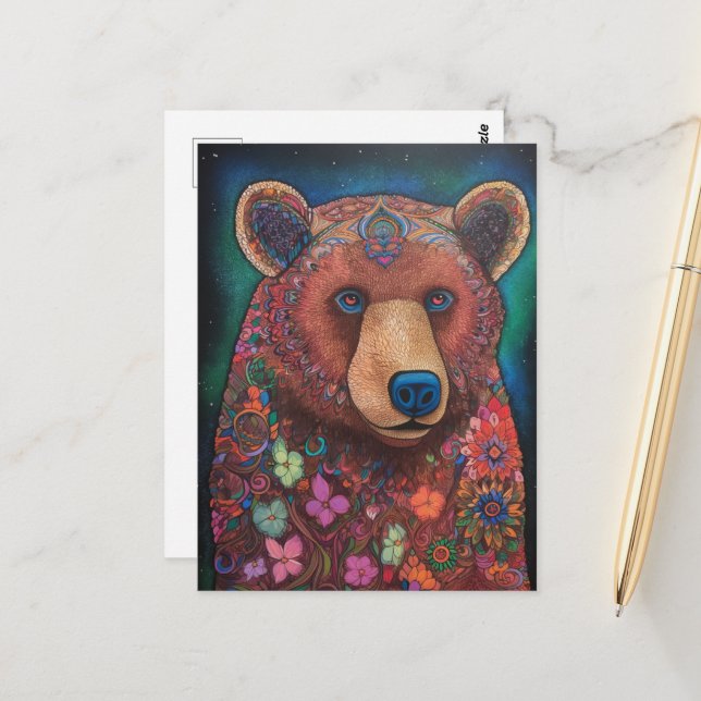 A Colourful Floral Bear Postcard (Front/Back In Situ)