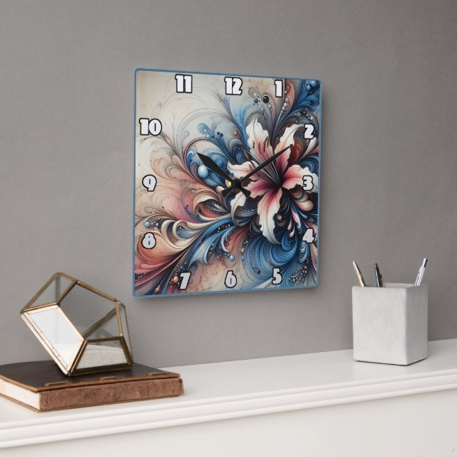 A Colourful Floral Design With Swirling Patterns Square Wall Clock (Office)