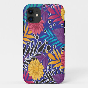 a colourful flower and leaves pattern on a blue ba Case-Mate iPhone case