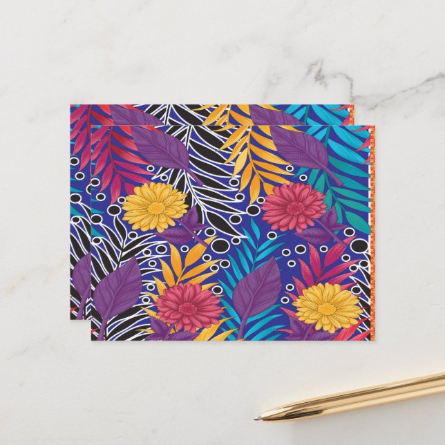 a colourful flower and leaves pattern on a blue ba postcard (Front/Back In Situ)
