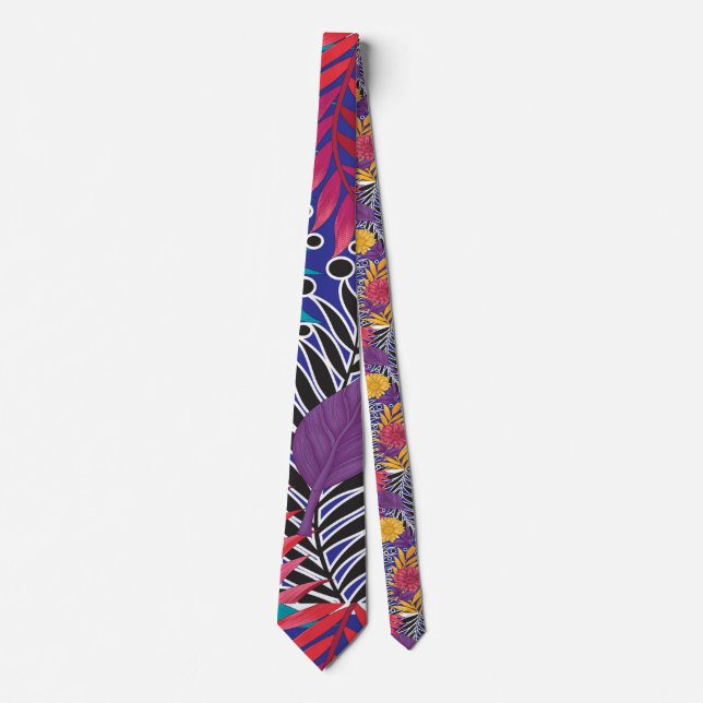 a colourful flower and leaves pattern on a blue ba tie (Front)