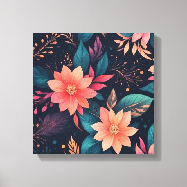 a colourful flowers and leaves on a black backgrou canvas print (Front)