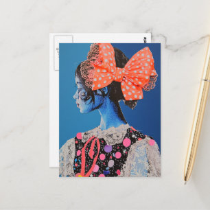 A Colourful lady with a big bow Collage Postcard