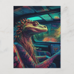 A colourful psychedelic lizard in a vehicle postcard