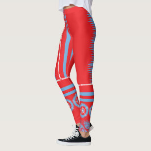 A colourful red and blue pattern encircled by a bl leggings