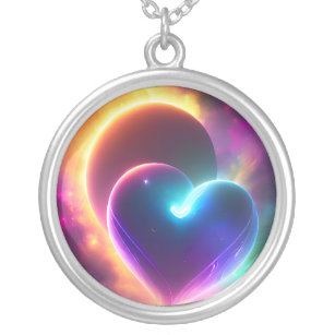 A colourful romantic heart in space. AI  Silver Plated Necklace