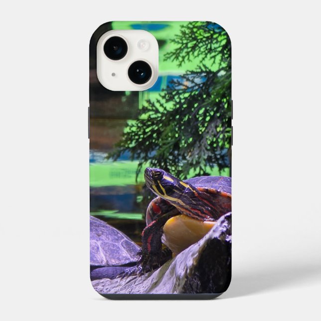 a colourful turtle surrounded by lush green trees iPhone case (Back)