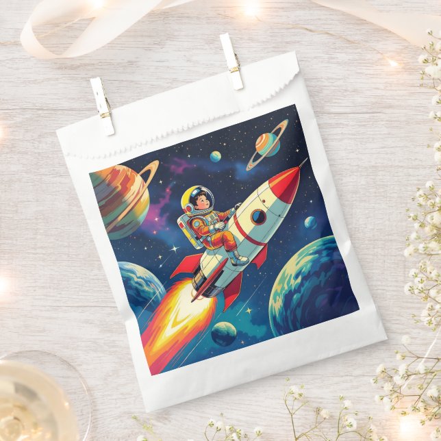 A Comic Book style Boy on a Rocket in Space Favour Bags (Clipped)