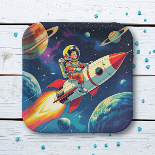 A Comic Book style Boy on a Rocket in Space Paper Plate