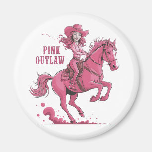 A confident cowgirl riding a spirited horse magnet