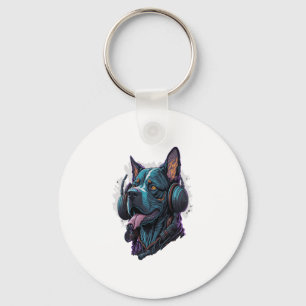 A cool dog listening to music key ring