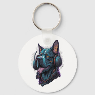 A cool dog listening to music key ring