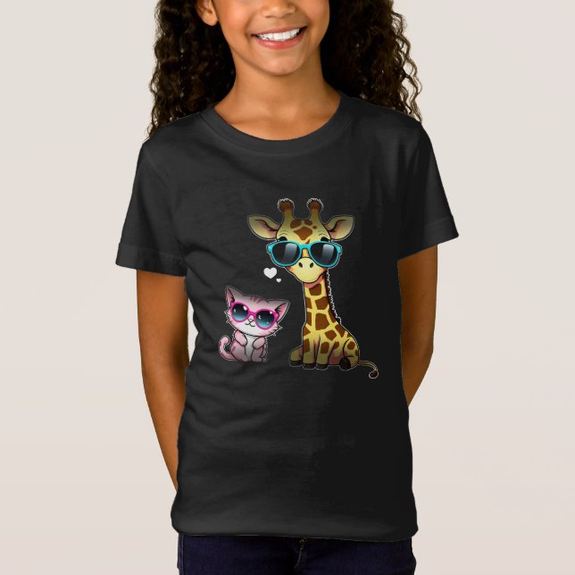 A cool giraffe and cat wearing sunglasses design T-Shirt (Front)
