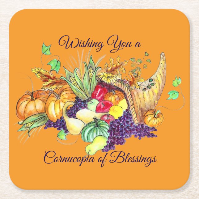 A Cornucopia of Blessings Square Paper Coaster (Front)