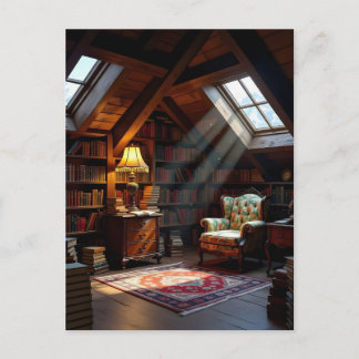 A Cosy Book-filled Attic Room Bathed in warm Glow Postcard