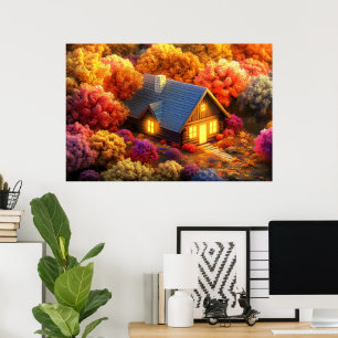 A cosy cabin nestled in the heart of a forest poster