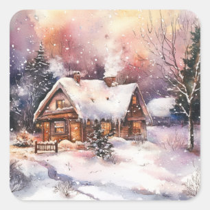 A Cosy Cottage in winter Square Sticker