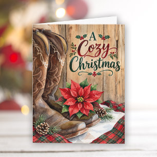 A Cosy Country Christmas Western Boots Poinsettia Holiday Card