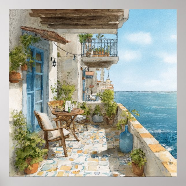 A Cosy Seaside Balcony Poster (Front)