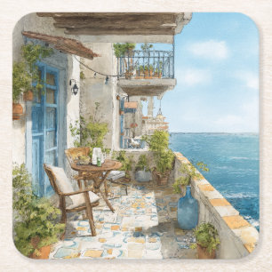 A Cosy Seaside Balcony Square Paper Coaster