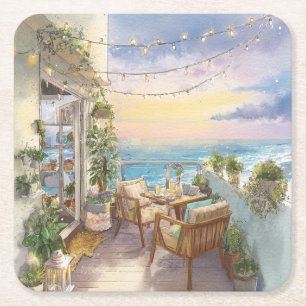 A Cosy Seaside Balcony Square Paper Coaster