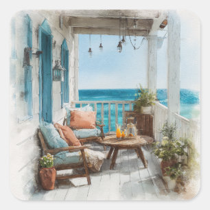 A Cosy Seaside Balcony Square Sticker