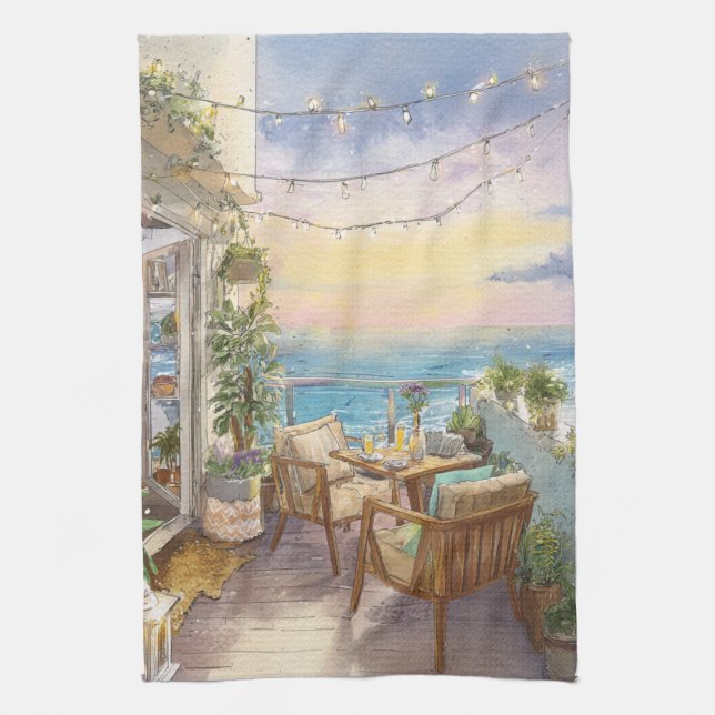 A Cosy Seaside Balcony Tea Towel (Vertical)