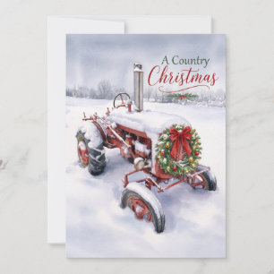 A Country Christmas Vintage Red Tractor Holiday Card