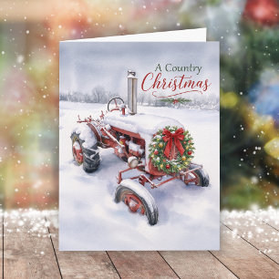 A Country Christmas Vintage Red Tractor Holiday Card