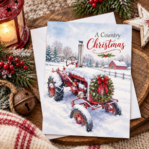 A Country Christmas Vintage Red Tractor Holiday Card