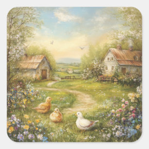 A Country Farmhouse and Barn Square Sticker