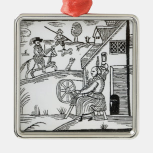 A Country Scene with a woman spinning Metal Tree Decoration