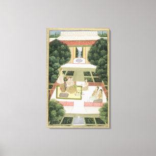 A couple in a garden listening to music with femal canvas print