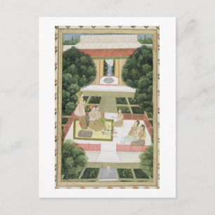 A couple in a garden listening to music with femal postcard
