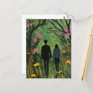 A Couple Walk in the Woods and Flowers Postcard