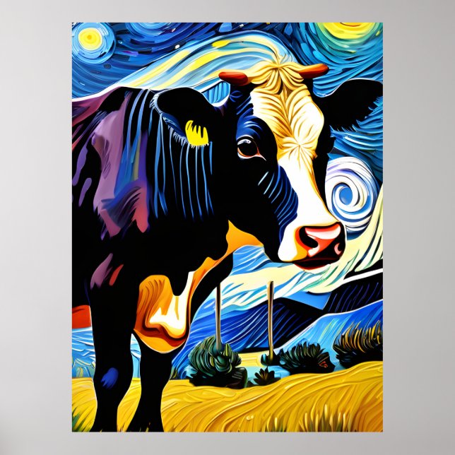 A Cow in The Starry Night Poster (Front)