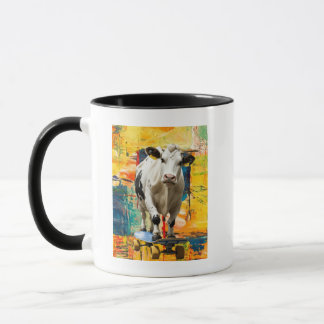 A Cow Skating Against a Painting Background Mug