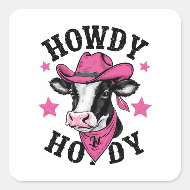 A cow wearing a vibrant pink cowboy square sticker (Front)