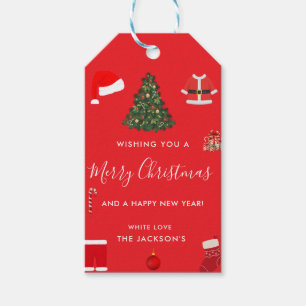 A Cozy Christmas Gathering Set on Warm Red Gift Tags