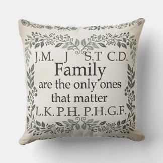 A cozy farmhouse-style family name chart cushion