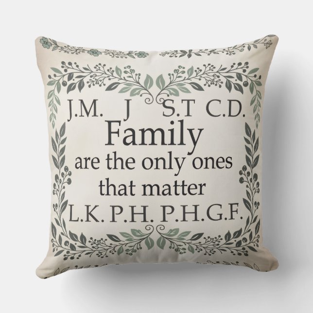 A cozy farmhouse-style family name chart cushion (Back)
