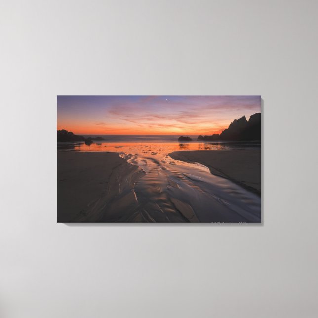 A crescent moon sets through a dusk-coloured sky canvas print (Front)
