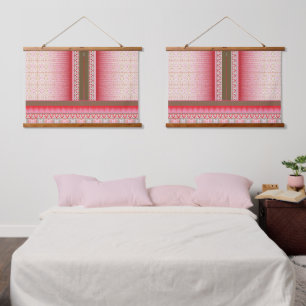a cross stitch pattern with a red background hanging tapestry